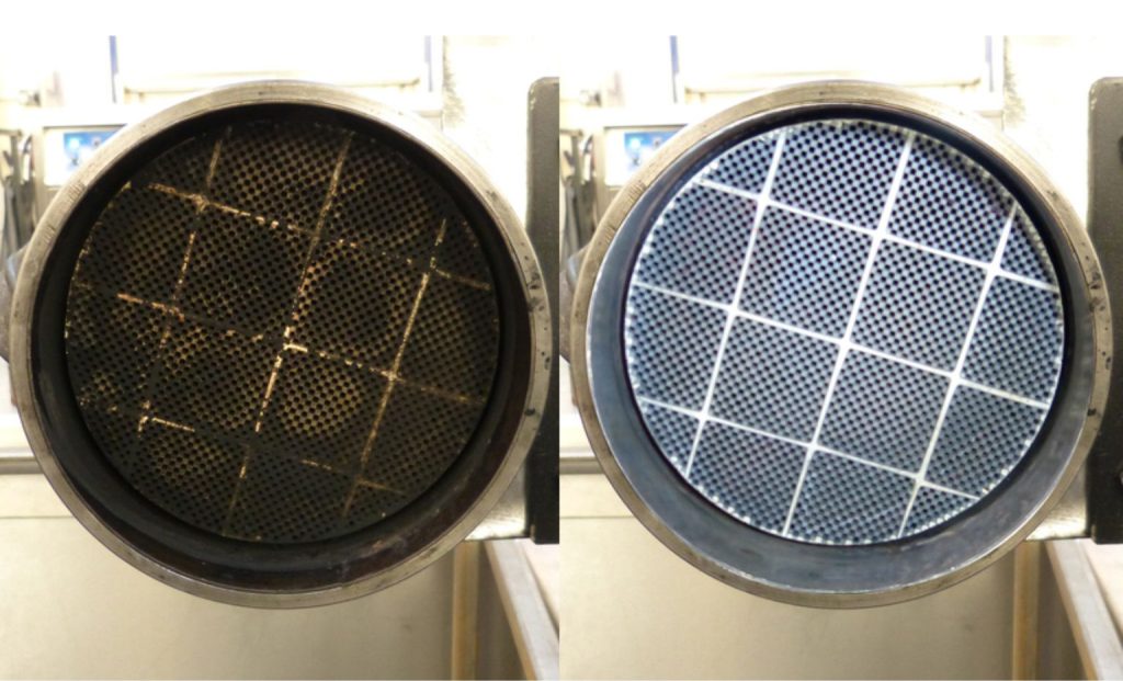 Before and after diesel particulate filter (DPF) cleaning showing a clogged filter restored to a clean condition.