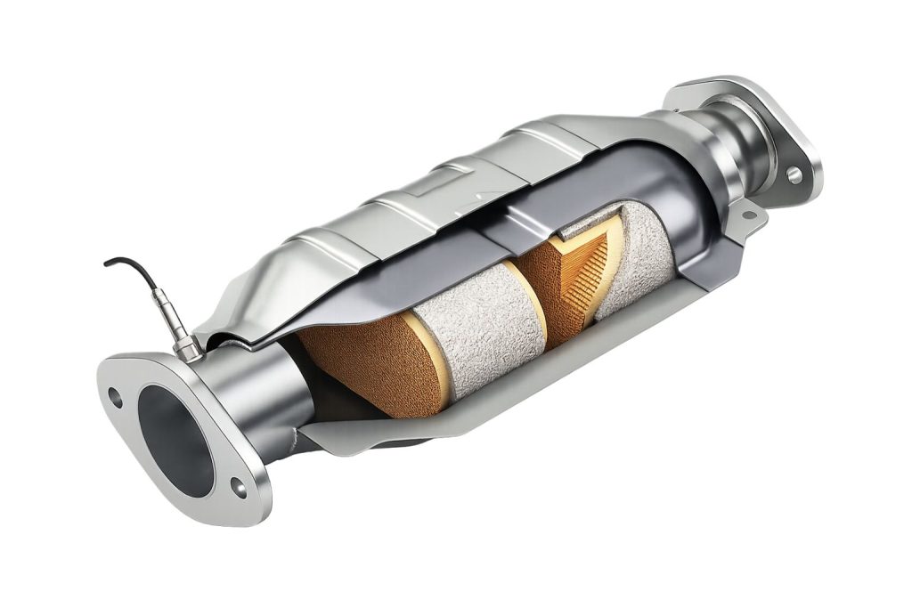 Cutaway illustration of a diesel particulate filter (DPF) showing the internal filter structure and honeycomb core.